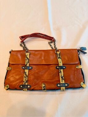 Vintage Cynthia Rowley Grace Cognac Leather with Colorful Snake Handbag Satchel
